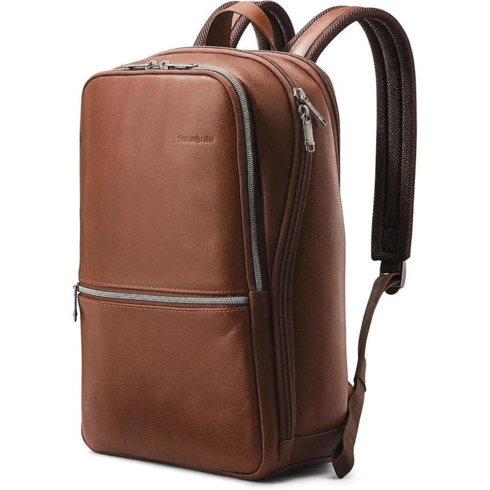 Men's Cognac Classic Leather Slim Imported Zipper Nylon Laptop Pocket Backpack